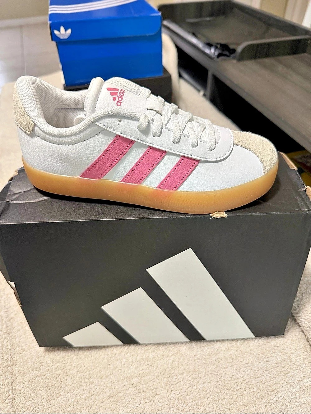 adidas VL Court 3.0 K Sneakers White & Pink Girls US 2
